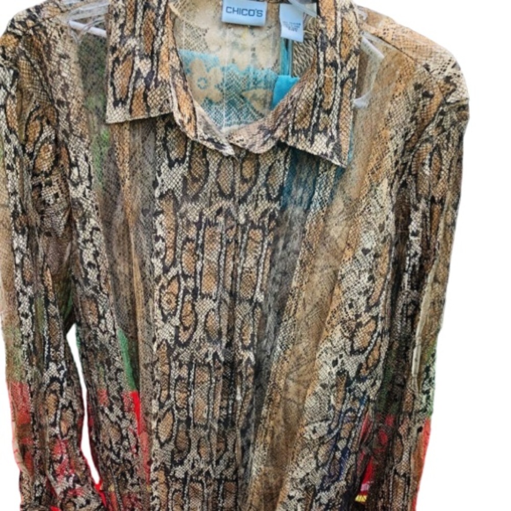 Chico’s LG-XL brown & tan snake print semi sheer button down blouse Chico’s 3